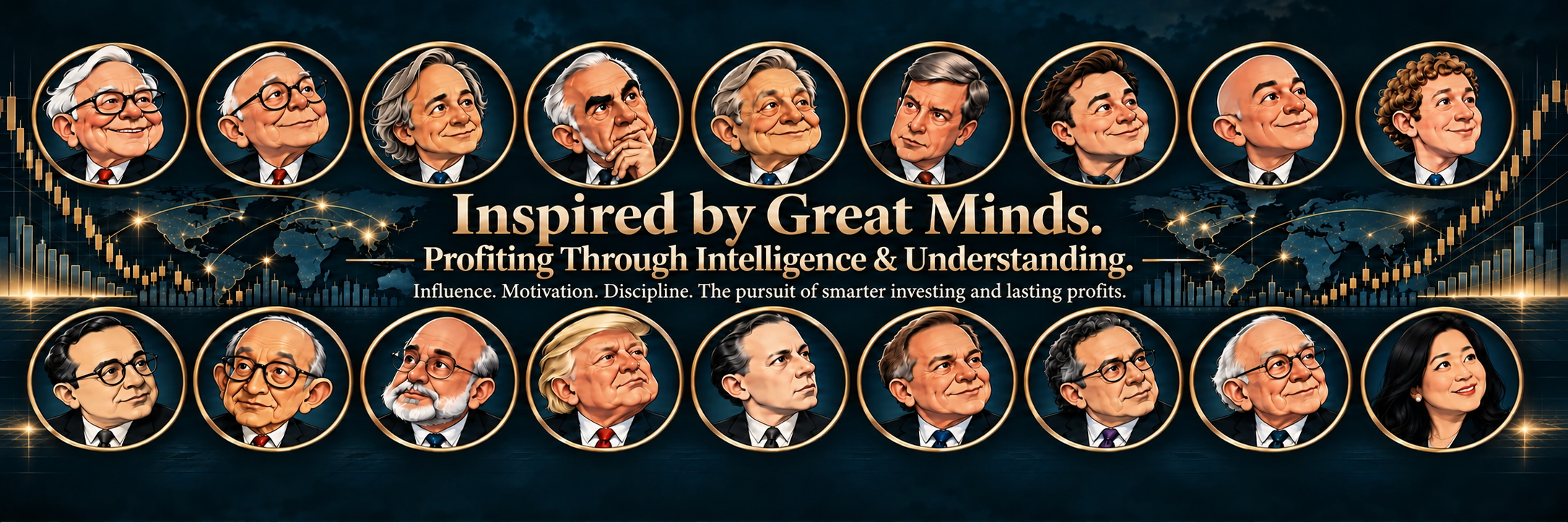 Cartoon portraits of eighteen investing minds. Inspired by Great Minds. Profiting Through Intelligence & Understanding. Influence. Motivation. Discipline. The pursuit of smarter investing and lasting profits.